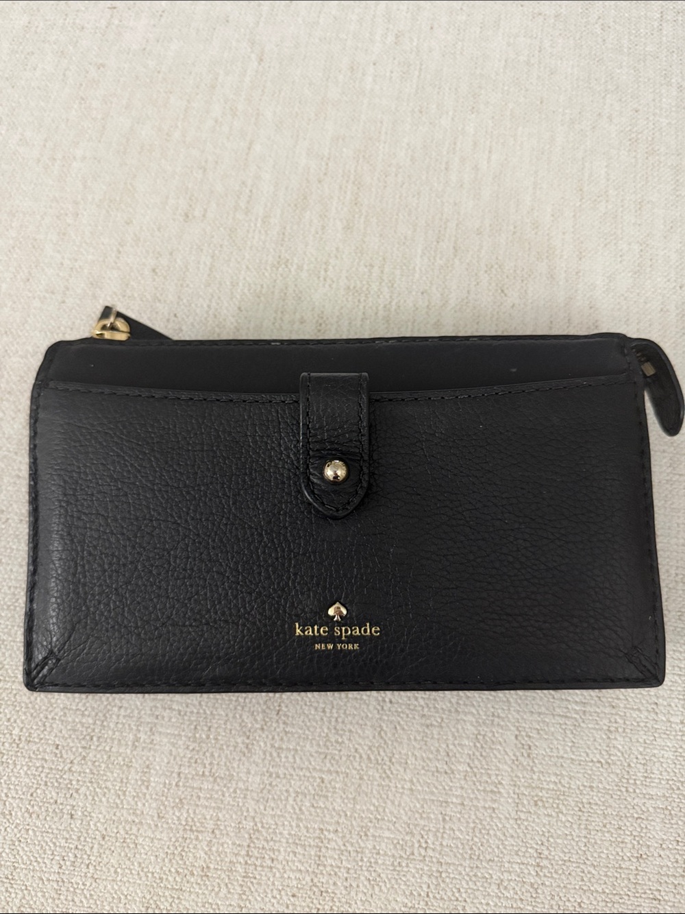 kate spade Black Pebbled Leather Zip Wallet with Snap Tab